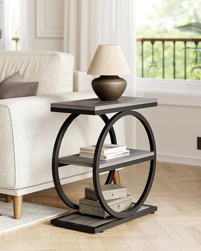 LITTLE TREE End Table Set 2, Side Table with 3 Tiers Shelves, Slim Sofa Side Table for Living Room, Tall Bedside Table Nightstand for Bedroom, Grey and Black