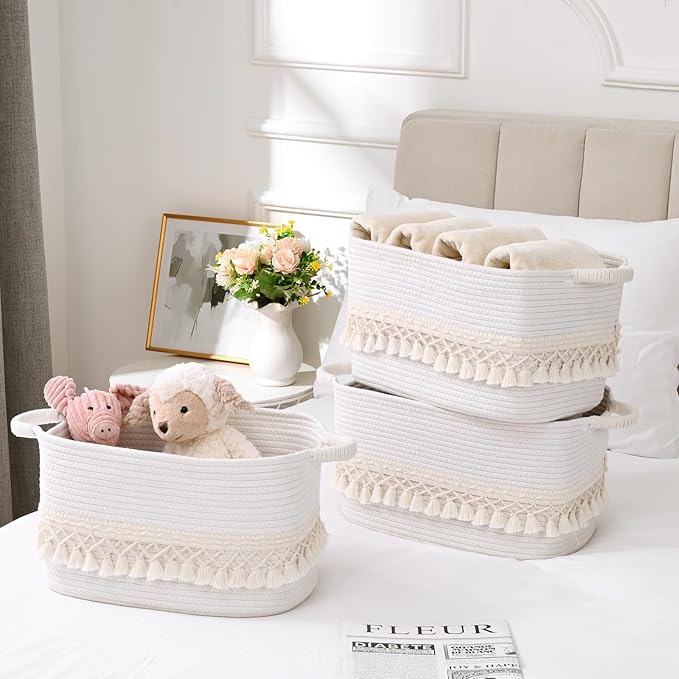 6 Pack Storage Basket for Shelves, Boho Cotton Rope Storage Bins with Heavy Tassel, Shelf Baskets Large Woven Baskets for Organizing, Cube Organizer Bins, Baby Laundry Basket for Clothes, Toys, Pets