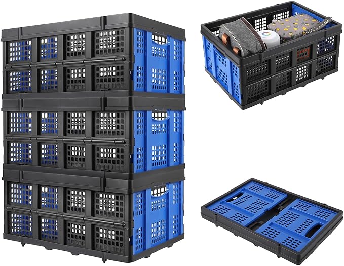 55L Collapsible Crates for Storage,Stackable & Collapsible Milk Crates, Stackable Storage Baskets, Folding Storage Containers for Organizing Tools, Books, Food, Drinks, Camping & Transport