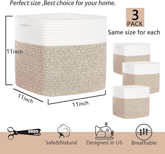 Storage Cubes 11 Inch Cotton Rope Woven Storage Basket for Organizing 3 Pack | Storage Bins for Organization and Storage | Toy Storage Organizer | Basket for Shelves | Toy Bins（Brown）
