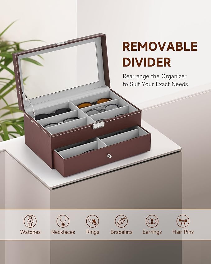 CO-Z Sunglasses Organizer with 12 Slots, Leather Eyeglasses Storage Box for Women Men, 2 Story Lockable Display Case for Multiple Glasses, Sunglasses Jewelry Collection Holder with Drawer, Brown