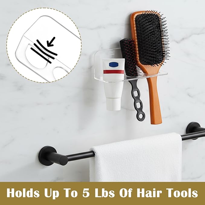 Bathroom Hair Brush Holder Wall Mounted Hair Brush Organizer with 3 Holes Non Perforated Wall Mounted Shaver Storage Rack for Combs, Curling Irons, Razors