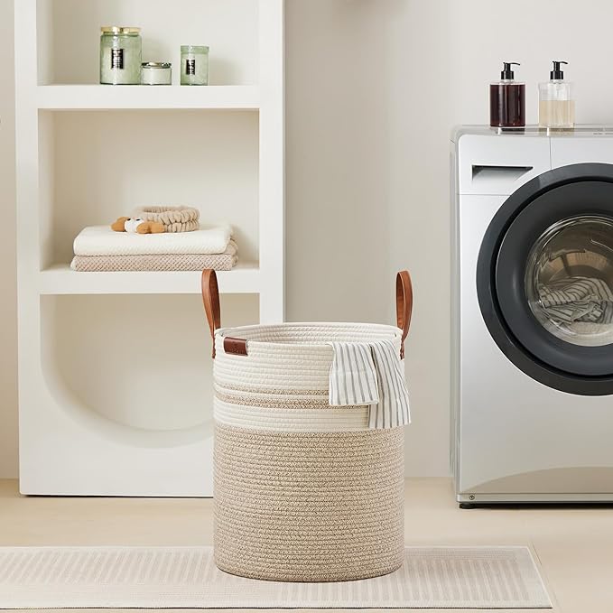 VIPOSCO Tall Laundry Basket, Large Dirty Clothes Hamper with Leather Handle, Woven Rope Storage Basket for Blanket, Toy In Living Room, Bathroom, Bedroom - 53L Brown & White