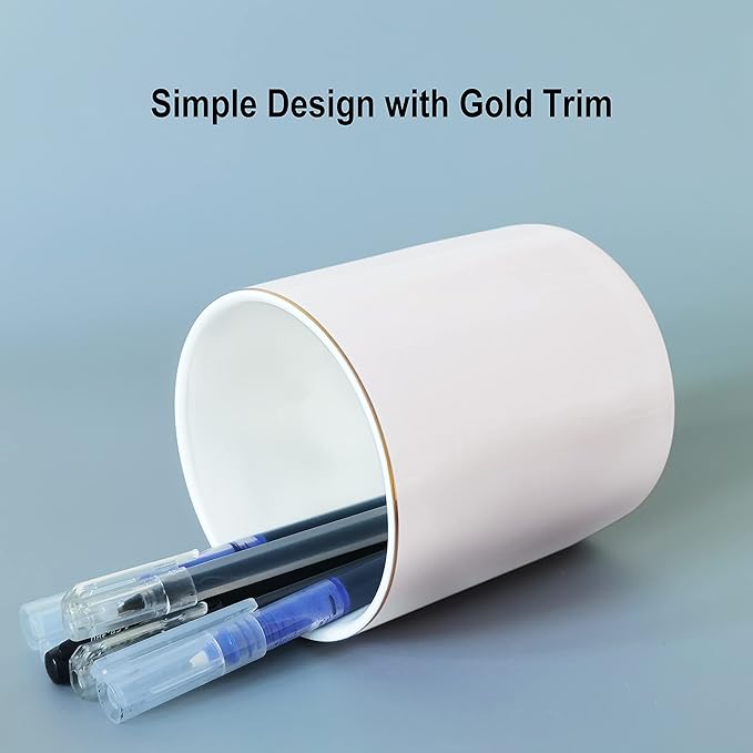 HANKOR Ceramic Pencil Holder for Desk - Cute Gold Trim Pen Aesthetic Makeup Brush Cup Holder Organizer for Desktop Storage Stationery Office Home Supplies, White