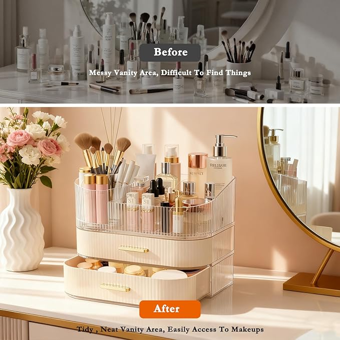 Makeup Organizer for Vanity with Stackable Drawers, 360 Rotating Makeup Brush Holder Large Cosmetic Display Case for Dresser, Bathroom Countertop Skincare Organizers and Storage (3-layer)