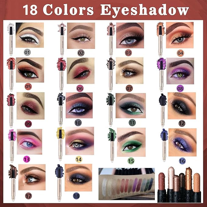 Eyeshadow Stick Makeup, Highlighter Matte Cream Eye Shadow Pencil, Waterproof Hypoallergenic Long Lasting Crayon, Glitter Primer Palette Shimmer Eyeliner Pen wiht Soft Brush, Black