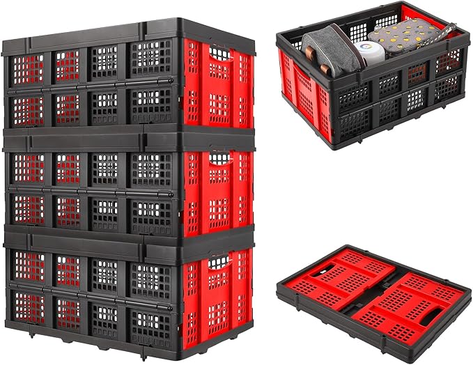 55L Collapsible Crates for Storage,Stackable & Collapsible Milk Crates, Stackable Storage Baskets, Folding Storage Containers for Organizing Tools, Books, Food, Drinks, Camping & Transport
