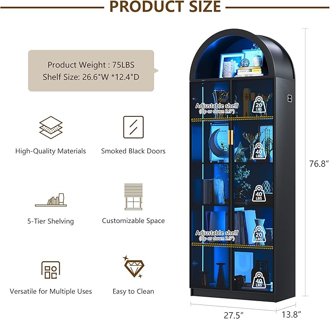 Arch Display Cabinet with Doors and Adjustable Shelves, 76" Tall Curio Cabinet with LED Lights/Storage Space, 6 Tier Display Case Bookcase for Collectibles Bedroom Living Room Office, Black