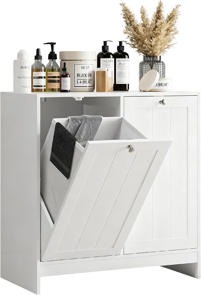 Tilt-Out Double Laundry Hamper Cabinet, White, 26.8" H x 26" W x 12" D, 5.9 Gal Capacity, MDF Construction.