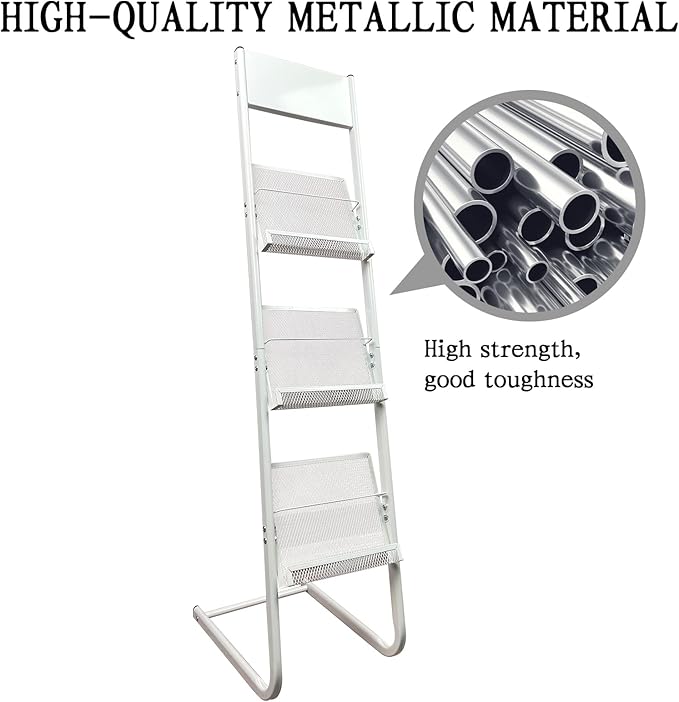 TONGMO Floor-standing 3-Layer Magazine Rack, Brochure Display Stand, made of high-hardness metal, suitable for Exhibitions, Offices, and any organization requiring information display. (3F-White)