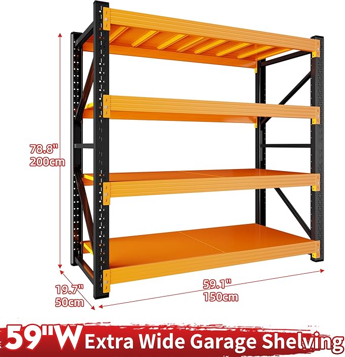 5000LBS Garage Shelving 59" W Garage Shelving Heavy Duty 4-Tier Metal Storage Shelves Adjustable Shelf Unit Storage Rack for Basement Supermarket Warehouse 59" W x 20" D x 78" H Black-Orange