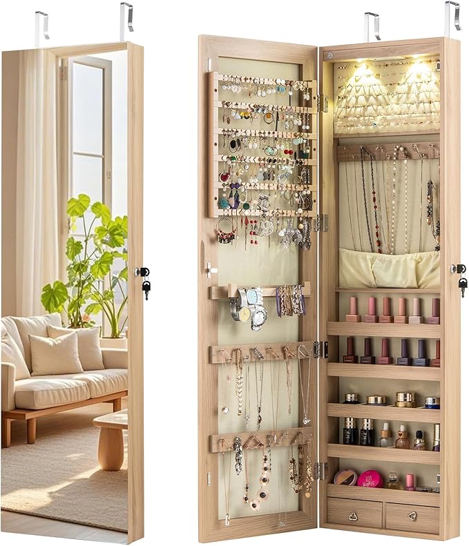 Giantex Wall or Door Mounted Jewelry Armoire with 47.5" Full Length Mirror, Lockable Cabinet with 2 LED Lights, 2 Drawers, Over the Door Large Jewelry Storage Organizer (Light Oak)