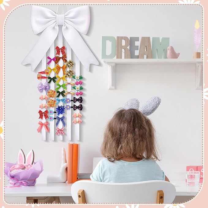 Weysat White Bow Organizer for Girls Huge Bow Holder for Girls Hair Bows Claw Clip Organizer Decoration Accessories with Five Ribbons 20inch*5 Organizador for Room Decor