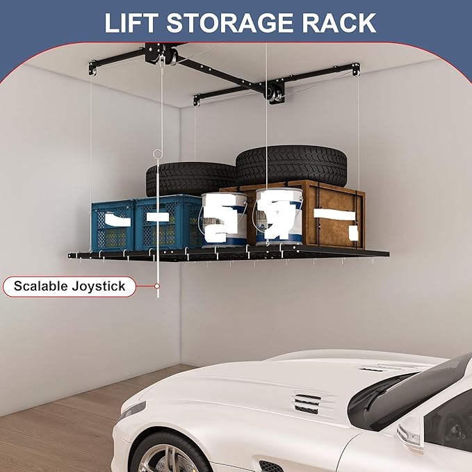 4x8 FT Overhead Garage Storage Rack - 325LBS Heavy-Duty All-Steel Construction | Crank-Down System for High Ceilings 10-12 FT | Manual Safety Lock & Secure Ceiling Installation