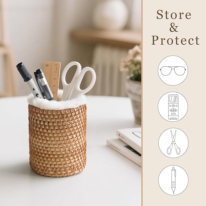 Mkono Glasses Holder for Nightstand Rattan Plush Lined Protective Glasses Stand for Multiple Glasses Eyeglass Organizer Holder for Office, Desk, Table