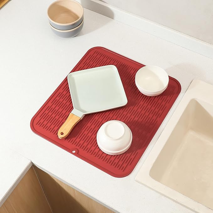 Silicone Dish Drying Mat for Multiple Usage,Easy clean,Eco-friendly,Heat-resistant Silicone Mat for Kitchen Counter or Sink,Refrigerator or Drawer Liner Red XL 18 inches x 16 inches