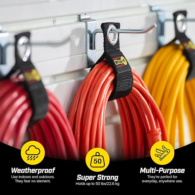 Heavy-Duty Wrap-It Storage Straps, 10-inch (6 Pack) - Hook and Loop Extension Cord Organizer Hanger, Cord Keeper, Cable Straps for Cords, Hoses, and Garage Storage