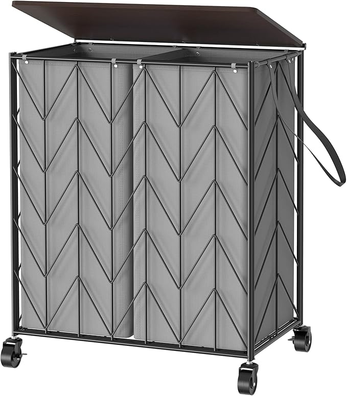 WOWLIVE Laundry Basket with Wheels, Heavy Duty Laundry Hamper with Wood Lid, Clothes Hamper with Divided Removable Liner Bag, Large Capacity Iron-Made Laundry Sorter Laundry Room Organization (Grey)
