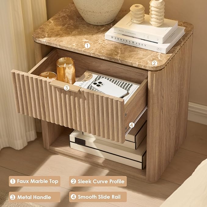 Fluted Nightstand Set of 2, Bedside Table with Faux Marble-Top, Engineered Wood Side Table with Drawer Open Shelf, Curved Corners, Modern Night Stand for Bedroom, Small Spaces, Natural Oak