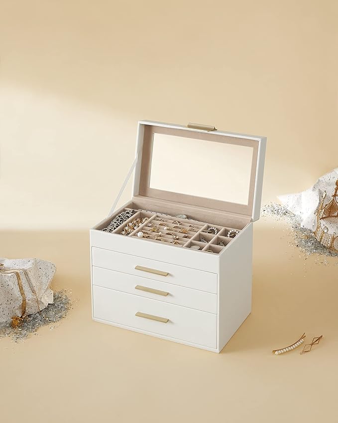 SONGMICS Jewelry Box Organizer with Glass Lid, 4-Layer Jewelry Storage, with 3 Drawers, Modern Style, Christmas Gift, 6 x 9.9 x 8.5 Inches, Cloud White and Gold Color UJBC161W01