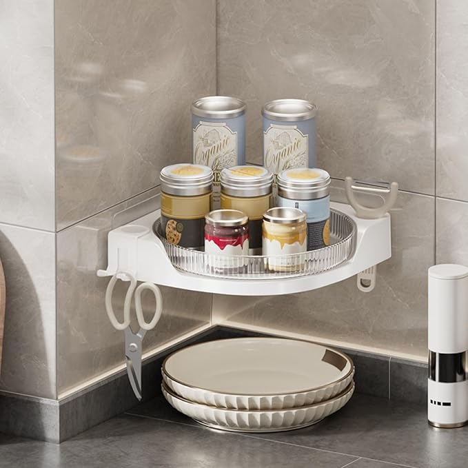 360 Rotating Makeup Organizer Spinning Bathroom Organizer 1 Pack Corner Storage Organizer with Hooks for Perfume Lotion Skincare Organizer Countertop Kitchen Storage(Clear)