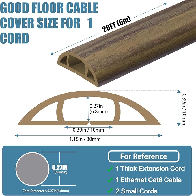 Floor Cord Covers for Wires 20FT Cable Hider Wire Cover Self Adhesive Cord Hider Floor for Offices, Homes, Workshops, Warehouses Cable Cavity 0.39" W x 0.27" H