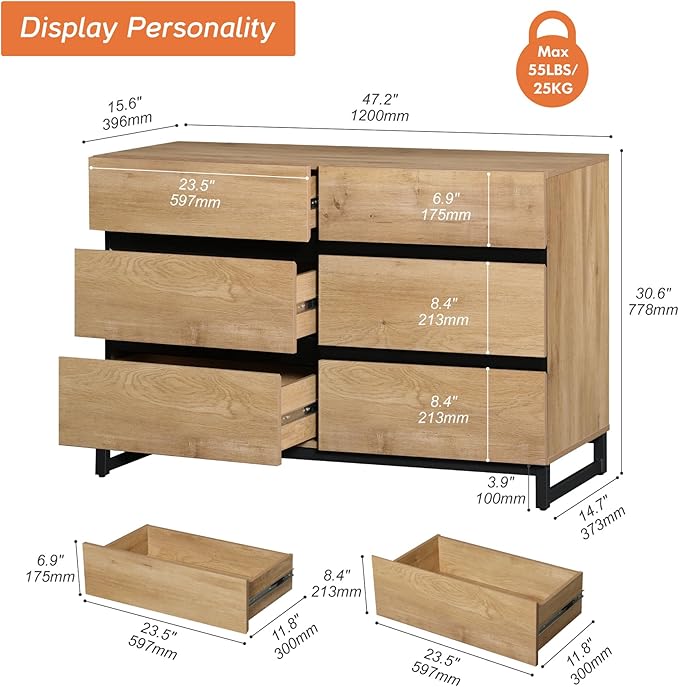 WAMPAT Dresser for Bedroom, Modern Wood Dresser with 6 Drawers, Chest of Drawers with Metal Base, Closet Organizers for Living Room, Entryway, Oak