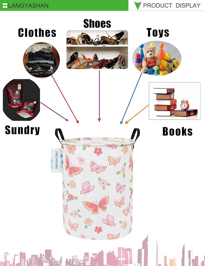 LANGYASHAN Laundry Basket Canvas Fabric Collapsible Organizer Basket for Storage Bin Toy Bins Gift Baskets Bedroom Clothes Children Nursery Hamper (Pink Butterfly)
