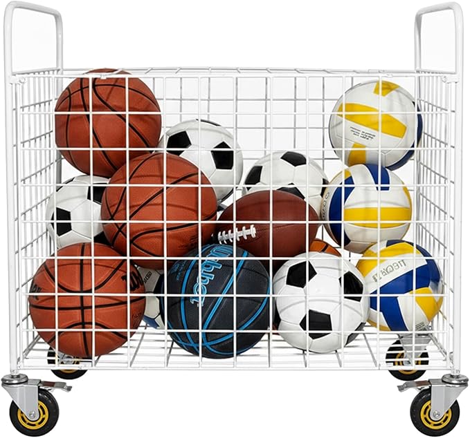 MyGift Professional Gym Metal Multi Sports Ball Storage Cart with Jumbo Industrial Wheels, Commercial Grade Portable Equipment Locker Cage for Basketball, Football, Soccer, Volleyball