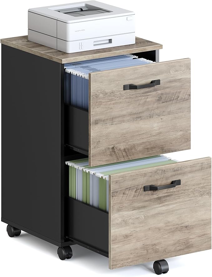 VASAGLE 2-Drawer File Cabinet, Small Rolling Filing Cabinet for Home Office, Printer Stand, for A4, Letter-Size Documents, 15.7 x 16.5 x 27.6 Inches, Heather Greige and Ink Black UOFC040B02