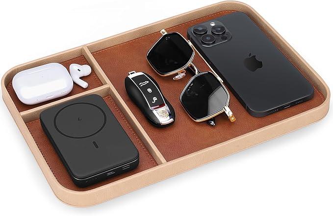 SENEN Leather Tray, Stylish and Organized Multifunctional Tray, for Table Entryway, Premium PU Leather, Catchall Tray for Keys, Watch, Wallet, Jewelry, and More (Beige Frame)