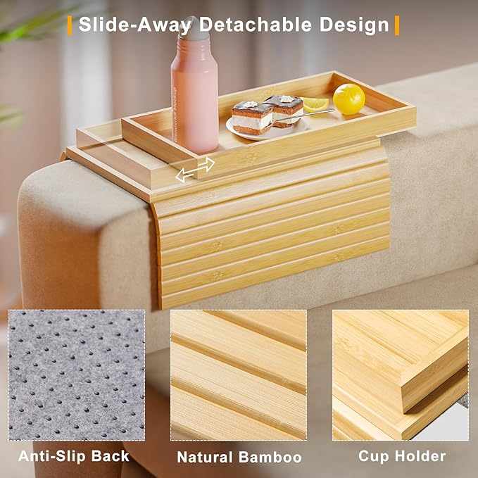 Bamboo Sofa Arm Rest Tray Table for Couch - 2-in-1 Couch Arm Table with Be Slide Detachable Tray - Anti-Slip Foldable Sofa Armchair Caddy for Drinks Cup Cellphone TV Remote Snacks (Bamboo)
