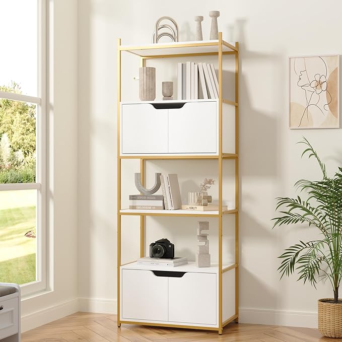 Industrial Bookshelf, Bookcase with 2 Cabinets, 6-Tier Display Book Shelf with Doors for Living Room, Home Office, Bedroom, Washroom, White and Gold