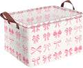 Pink Bow Decor Storage Basket Waterproof Canvas Toy Storage Bin Coquette Room Decor Collapsible Outdoor Basket with Leather Handles Pink Blanket Baskets For Closets,Bedrooms,Gifts Baskets