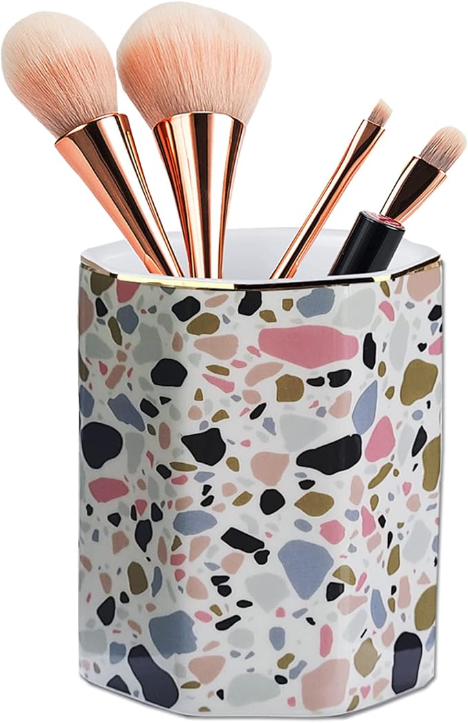 Pen Holder, Makeup Brush Holder Ceramic Shiny Gold Terrazzo Marble Stone Pattern Pencil Cup for Girls Kids Women Durable Stand Desk Organizer Storage Gift for Office, Classroom, Home Pink