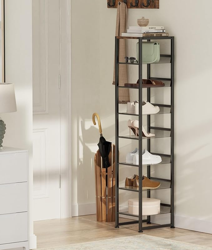 8 Tiers Vertical Shoe Rack, Corner Shoe Storage Organizer, Narrow Shoe Tower for 6 Pairs, Space Saving Sturdy Metal Shoe Shelf, Adjustable, Freestanding, for Entryway, Hallway, Living Room, Bedroom