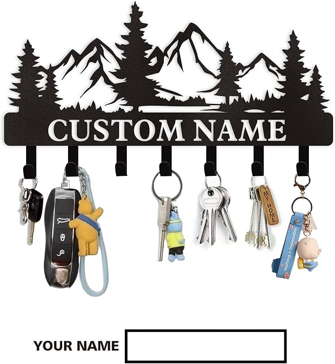 Personalized Custom Mountain Theme Key Holder with Name, Metal Wall Mount, Coat Rack, Key Hooks, Home Decor Gift