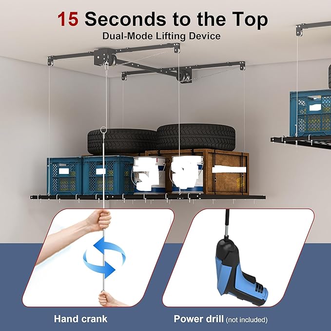 4x8 FT Overhead Garage Storage Rack - 325LBS Heavy-Duty All-Steel Construction | Crank-Down System for High Ceilings 10-12 FT | Manual Safety Lock & Secure Ceiling Installation
