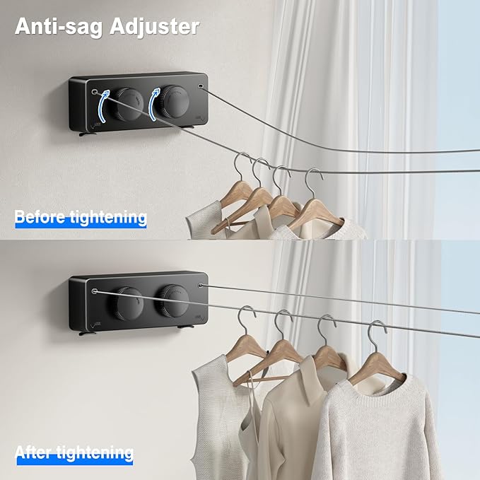 Retractable Clothesline Indoor, Non-Sagging Twin Clothes Line Retracting Outdoor Heavy Duty Clothes Drying Laundry Line Wall Mounted Stainless Steel Double Line-13.8 ft(Black)