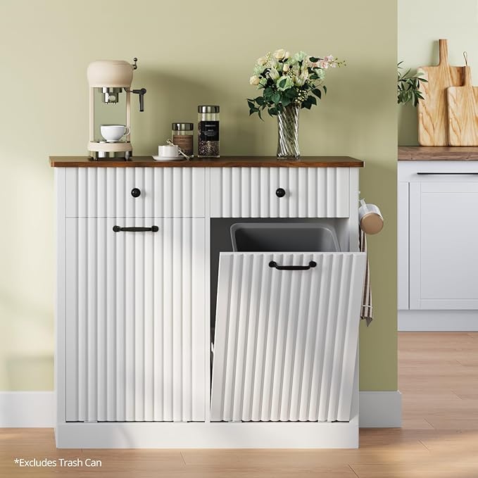 Double Tilt Out Trash Can Cabinet, 20 Gallon Fluted Laundry Hamper Cabinet with 2 Drawers, Wooden Hidden Garbage Can Cabinets for Kitchen, Living Room, Without Trash Bin or Laundry Hamper, White