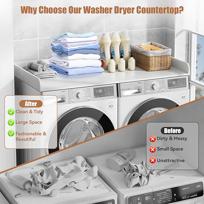 Washer Dryer Countertop, 27.5" D x 54" W Washer and Dryer Topper Covers with Edge Rails, Wood Laundry Room Countertop Shelves for Laundry Room Organization and Storage (White)