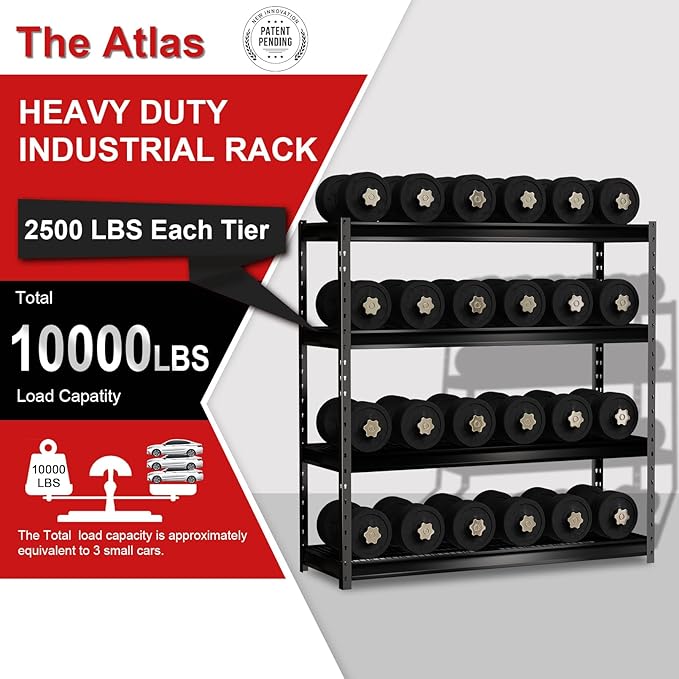 The Atlas 77” Ultra Wide 4-Tier Metal Garage Shelving 10,000 lbs Capacity, 77" W x 24" D x 72" H Heavy Duty Storage Rack, Adjustable Industrial Shelves for Shop Warehouse Basement Pantry
