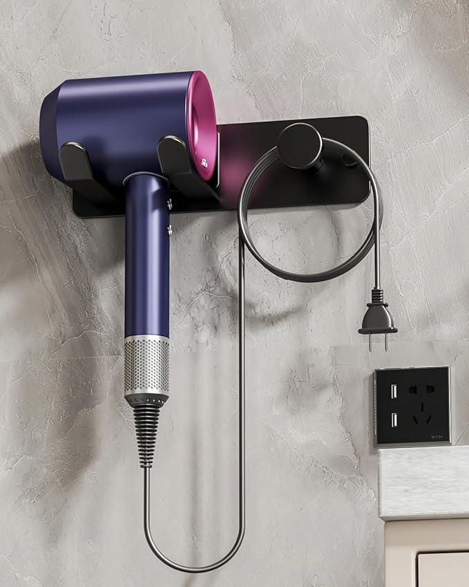 Hair Dryer Holder Wall Mount Matte Black Hair Dryer Holder for Bathroom Cabinet SUS 304 Stainless Steel Blow Dryer Holder Compatible with Dyson Hair Dryers
