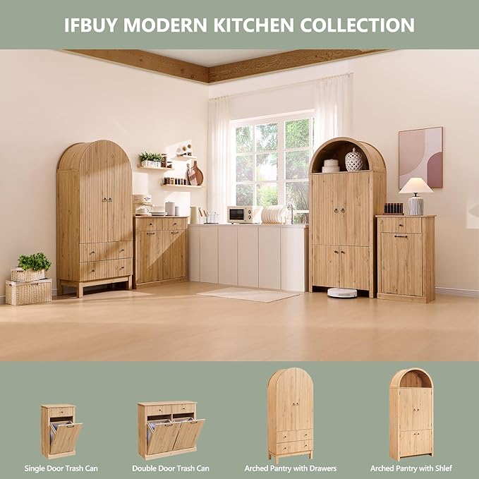 Modern Double Tilt-Out Laundry Hamper Cabinet, 20 Gallon Fluted Trash Can Cabinet with 2 Drawers, Wooden Hidden Garbage Can Cabinets with Laundry Basket, for Bathroom and Kitchen, Natural Oak