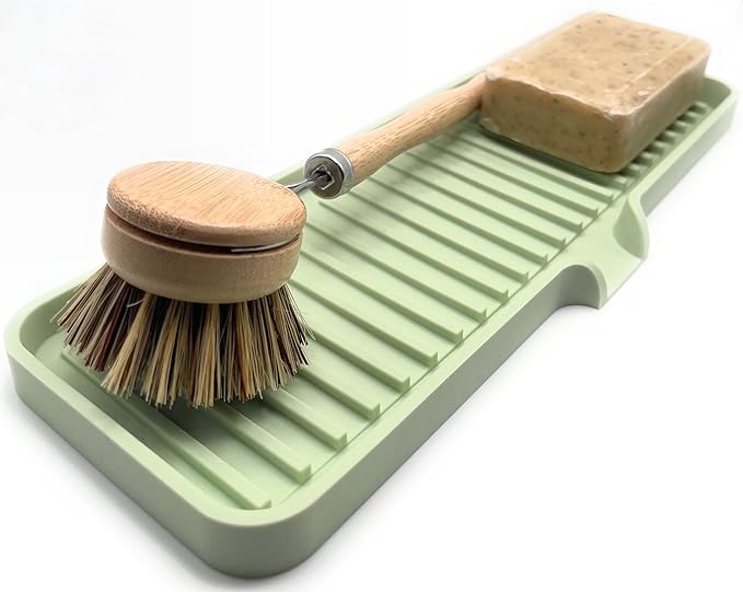 Happitasa Silicone Soap Dish Tray and Sponge Holder with Drain Chute | Bathroom and Kitchen Sink Organizer Caddy (Pistachio, 12"x4", 7.4 Ounces)