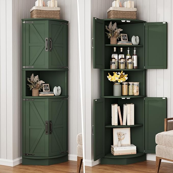 Vabches 64.8" Tall Farmhouse Corner Cabinet with 4 Doors and 5 Storage Shelves, Farmhouse Storage Cabinet with Barn Door Design, Home Space Saver for Living Room, Kitchen, Laundry Room,Green