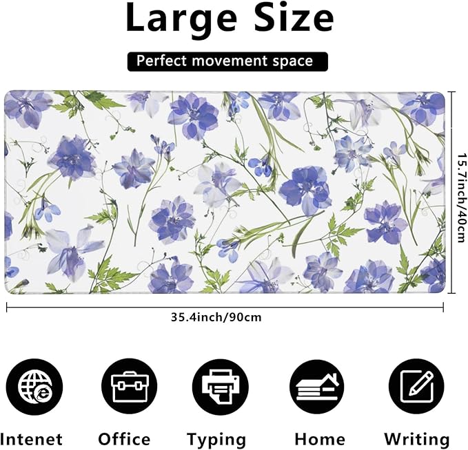 Gaming Mouse Mat Purple Flower Large Mouse Pad Extended Mouse Pad Desk Mat Non-Slip Rubber Base Mice Pad Desk Pad for Office Game Home 35.4x15.75 in