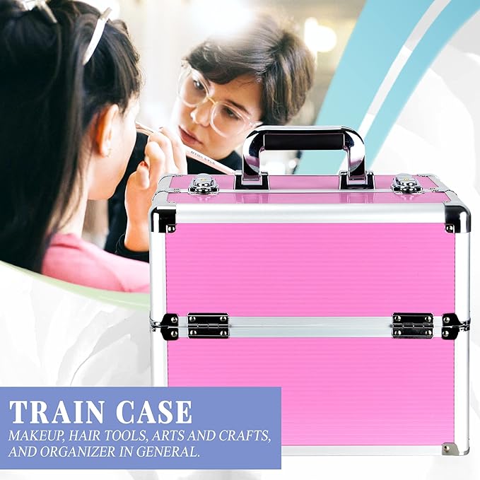 Ver Beauty Makeup Organizer, Cosmetic Travel Kit, Makeup Artist Supplies, 2 Sliding Trays, Lockable Storage Box, Makeup Train Case, Aluminium Case, Lightweight Makeup Vanity (Pink Stripes)