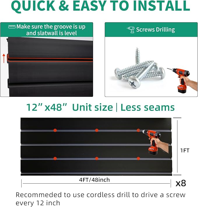 Slatwall Panel Garage Slat Wall Storage Systems with 15 Slatwall Accessories, 4'x8' Black Slat Wall Paneling for Retail Display, Garage Tool Storage, Guitar Shop, Home Storage