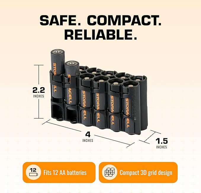 AA Battery Storage Caddy by Storacell, Black, Holds 12 Batteries (Not included)
